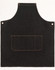 A dark denim bib apron featuring a front pocket and metal eyelets. It has a simple, durable design suitable for work.