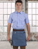 A denim half apron with a brown waistband, worn by a person in a blue checked shirt, against a city skyline backdrop.