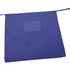 A blue long waist apron with a pocket and ties for fastening. It features a logo on the fabric.