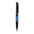 A black ballpoint pen featuring a metal clip and a blue section with a logo.