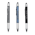 Three pens in grey, blue, and black with a silver grip and a logo on each.
