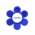 A blue flower-shaped promotional product with multiple textured sections and a central area featuring a logo.