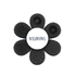 A black flower-shaped product with textured petals and a central logo. It features various raised patterns on each petal.