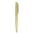 A golden metal ballpoint pen featuring a sleek design and a pocket clip. It has a logo on the barrel.