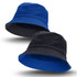 A reversible bucket hat featuring blue on one side and black on the other, with a logo visible on the fabric.