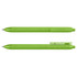 A green pen with a textured grip and a clip. The pen has a sleek design and a branding logo on it.