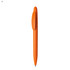 An orange plastic pen with a click mechanism and a logo on the body.
