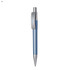 A blue plastic pen with a silver clip and a sleek design, featuring a branding logo.