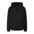 A black hoodie with a front pocket and adjustable drawstring hood. The design is simple and classic, featuring a logo.