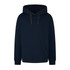 A navy blue hoodie with a large front pocket and drawstring hood, featuring a branding logo.