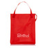 A red insulated grocery tote with two sturdy handles and a logo on the front.