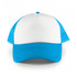 A white front 5 panel trucker mesh cap with blue sides and brim. It features a logo on the front.