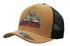 A tan trucker cap featuring a detailed graphic of a truck and a logo, complemented by a black mesh back.
