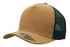 A deep fit trucker cap featuring a tan front and black mesh back with a curved visor and branding.