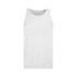 A plain white men's tank top with a round neckline and a small logo at the neck.