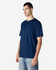 A navy blue Gildan Softstyle adult enzyme wash no label T-shirt displayed on a model, featuring a simple design.