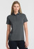 A women's short sleeve polo in dark grey, featuring a collar and a logo.
