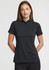 A black short sleeve polo shirt for women, featuring a collar and three-button placket, with a logo on the chest.