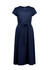 A midi dress in navy blue with short sleeves and a tie belt at the waist. It has a simple, elegant design.