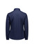 A women's long sleeve button-up shirt in navy blue with a back view and a logo on the collar.