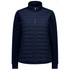 A women's tailor jacket in navy, featuring a zip front and padded body with long sleeves. It has a logo on the zipper.