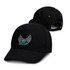 A black cap featuring a logo with wings, displaying a sleek design. The back has an adjustable strap.