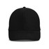 A black cap with a curved brim and a structured front, featuring a logo on the side.