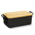 An expandable lunch box with a sleek black base and a wooden bamboo lid, featuring side handles.