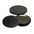 A black compact mirror with a smooth exterior, featuring a reflective surface inside. It has a circular shape.