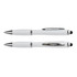 A stylus pen in white with silver accents, featuring a logo. Two pens are displayed.