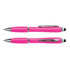 A pink stylus pen with a shiny silver clip and detailing, featuring a dual-tip design.
