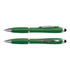 A green stylus pen with silver accents, featuring both a ballpoint and a touch screen end, alongside another similar pen.