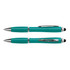 A stylus pen in a vibrant teal colour, featuring a sleek design and a silver clip. It has a logo on the body.