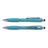 A stylus pen in teal with silver accents, featuring a pen at both ends and a branding logo.