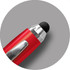 A stylus pen with a red barrel and a black tip, featuring a silver clip. It has a sleek design.