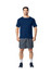 A man stands in a navy blue Gildan Performance adult t-shirt and grey shorts, wearing athletic shoes.
