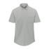 A light grey men's short sleeve knit shirt featuring a button-up collar and a front pocket. It has a logo on it.