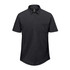 A black short sleeve knit shirt with a collared neckline and a single chest pocket, featuring a logo.