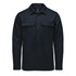 A navy blue men's shacket with two chest pockets and button closure. It features a collar and long sleeves.
