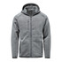 A grey full zip fleece hoody with a hood and zippered pockets, featuring a logo on the chest.