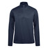 A dark navy men's pullover featuring a 1/4 zip, long sleeves, and a logo on the front.