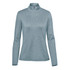 A light blue women's pullover with a 1/4 zip and long sleeves. It has a logo on the chest.