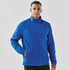 A blue full zip jacket with a collar, featuring a sleek design and side pockets, worn by a man.