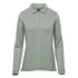 A long-sleeve polo shirt in a soft green shade, featuring a collar and a button placket. The shirt has a logo.