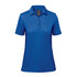 A blue women's polo shirt with a collared neckline and short sleeves, featuring a logo.