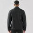A black men's softshell jacket with a high collar, featuring a logo on the back.