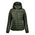 A women's puffer jacket in olive green with a zip front and a hood, featuring a quilted design. It has a logo on the side.