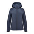 A women's puffer jacket in navy blue with a hood and front zip closure. It features a sleek design and has a logo.