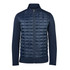 A navy blue men's softshell jacket featuring a quilted front and a zippered closure. It has a logo on it.