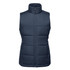 A navy women's thermal vest with a zip front, featuring a high collar and padded design. It has a branding logo.
